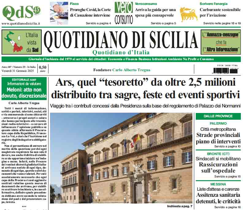 La prima pagina di oggi del Quotidiano di Sicilia