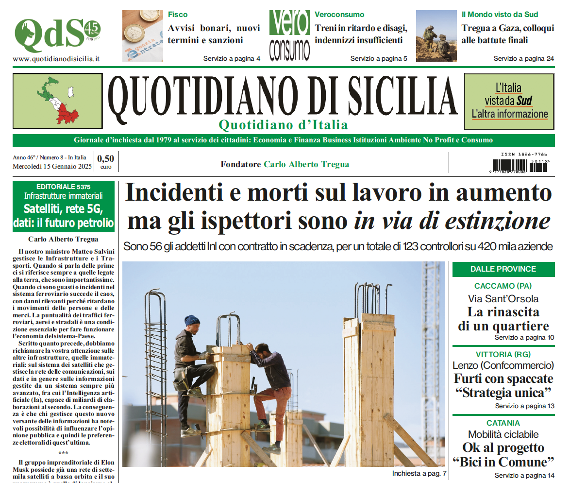 La prima pagina di oggi del Quotidiano di Sicilia