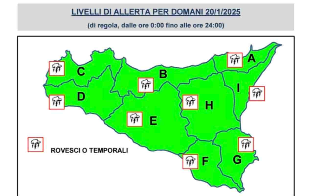 Meteo Sicilia, bollettino di allerta meteo per domani 20 gennaio