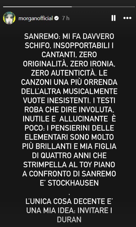 L’affondo di Morgan, la storia Instagram su Sanremo 2025: “Mi fa davvero schifo”