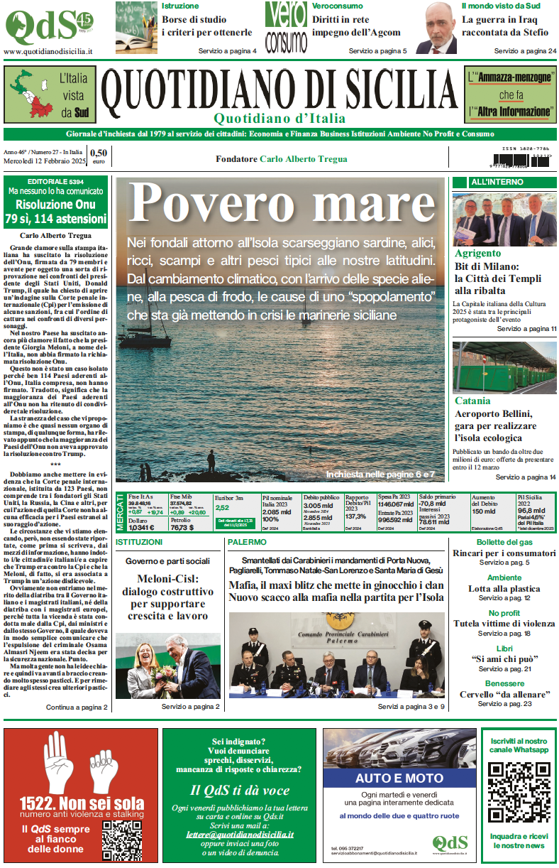 La prima pagina di oggi del Quotidiano di Sicilia