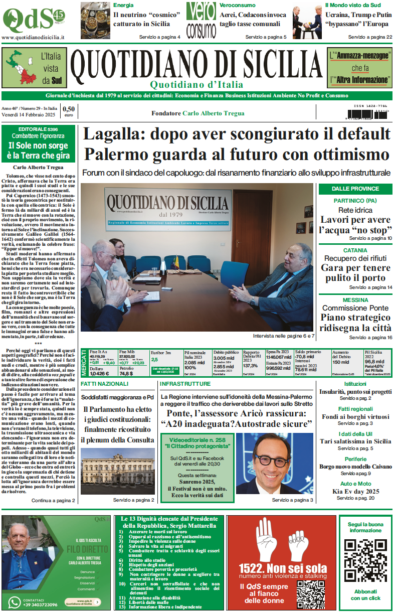 La prima pagina di oggi del Quotidiano di Sicilia