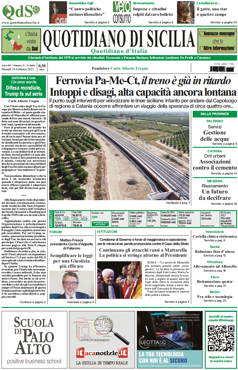 La prima pagina di oggi del Quotidiano di Sicilia