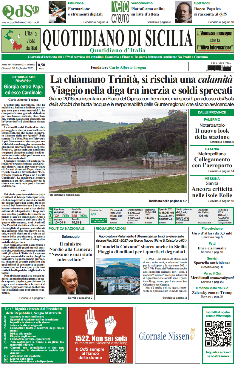 La prima pagina di oggi del Quotidiano di Sicilia
