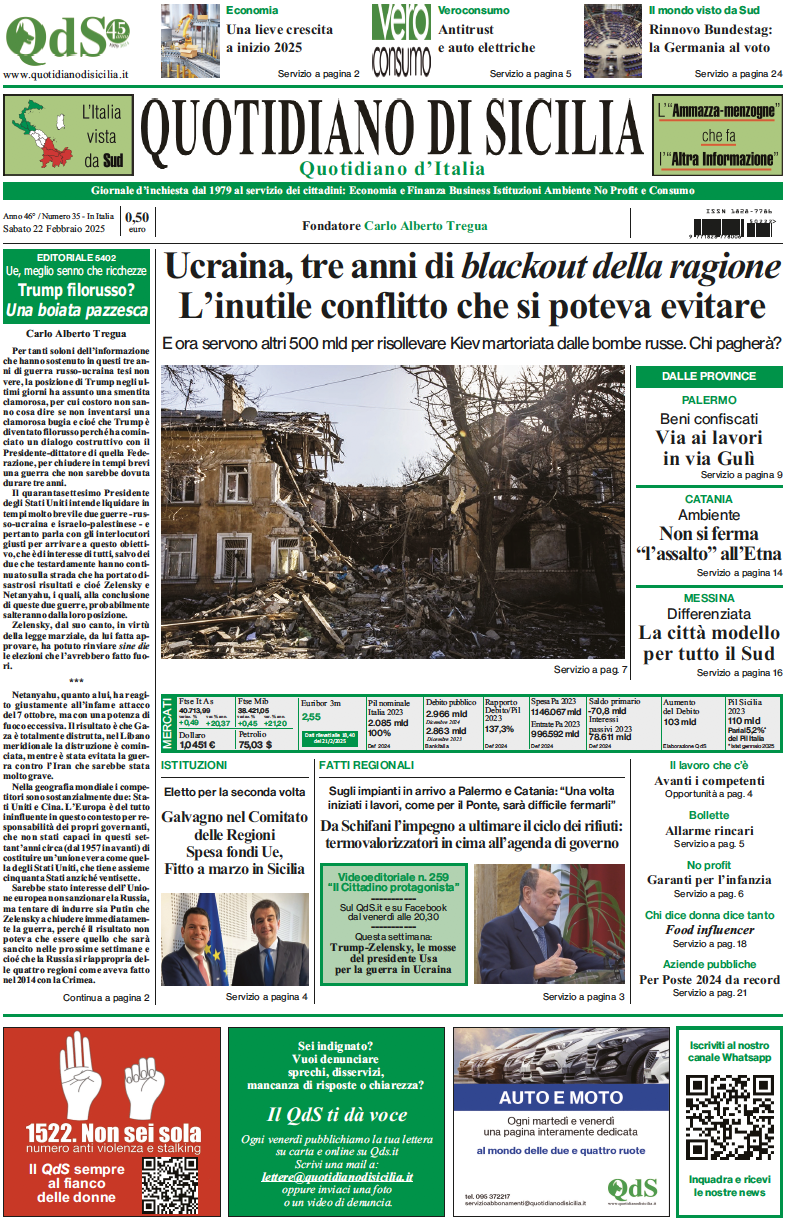 La prima pagina di oggi del Quotidiano di Sicilia