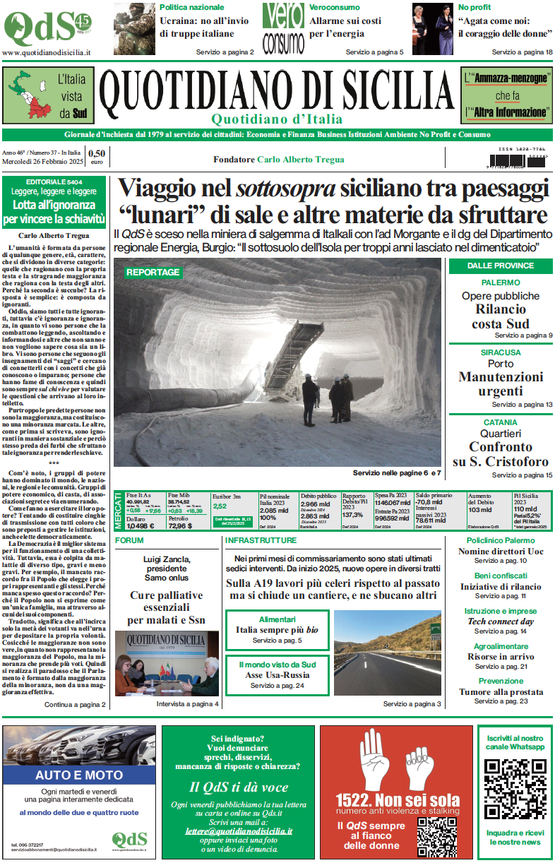La prima pagina di oggi del Quotidiano di Sicilia