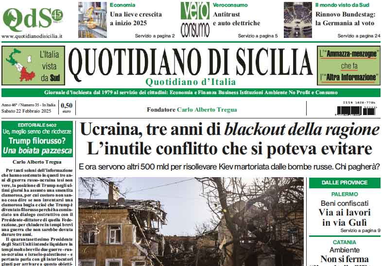 La prima pagina di oggi del Quotidiano di Sicilia