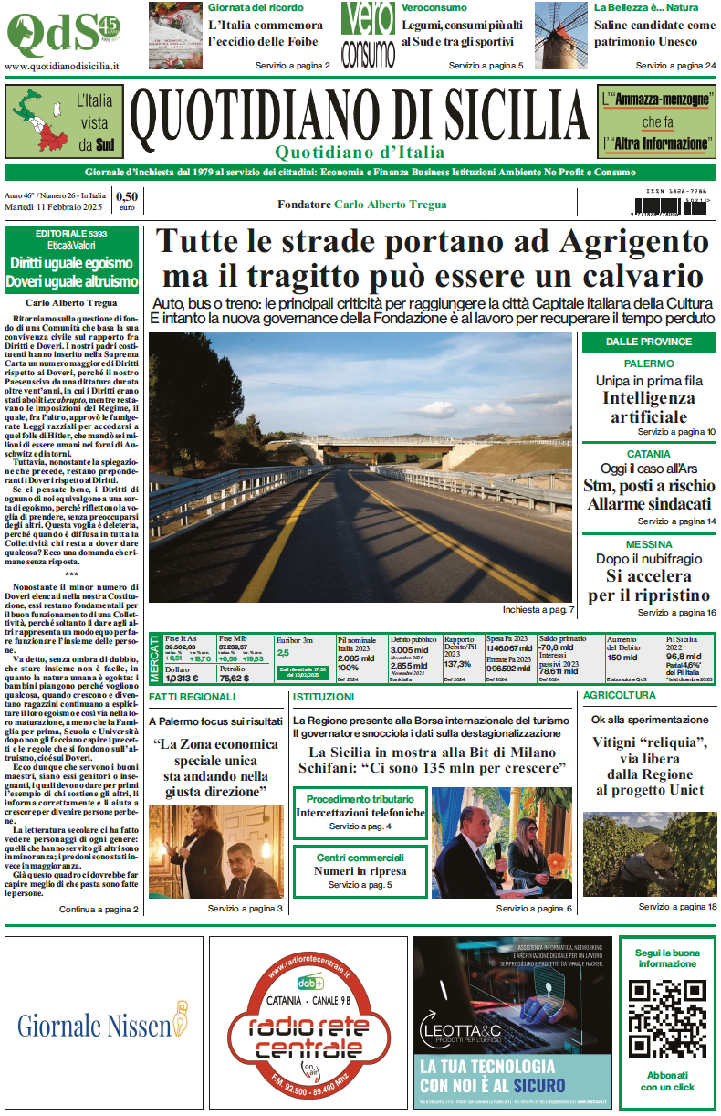 La prima pagina di oggi del Quotidiano di Sicilia