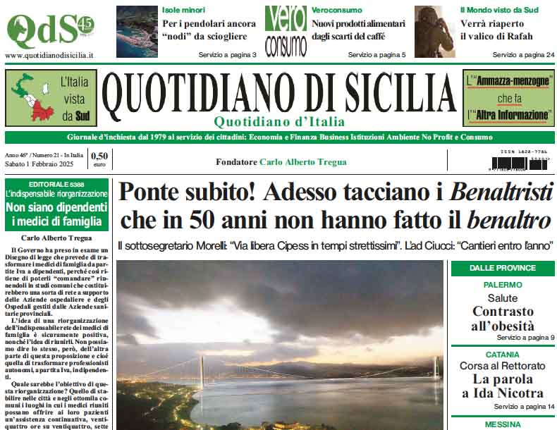 La prima pagina di oggi del Quotidiano di Sicilia