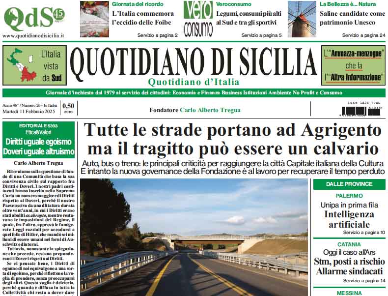 La prima pagina di oggi del Quotidiano di Sicilia