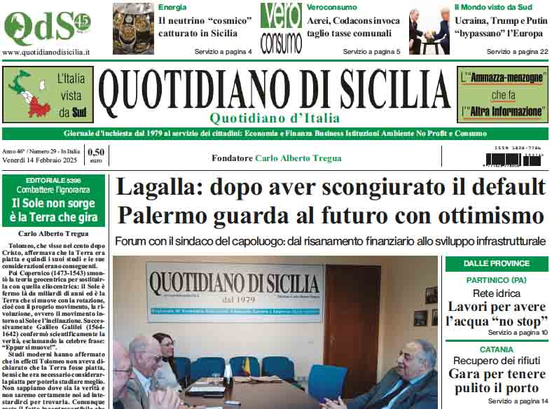 La prima pagina di oggi del Quotidiano di Sicilia