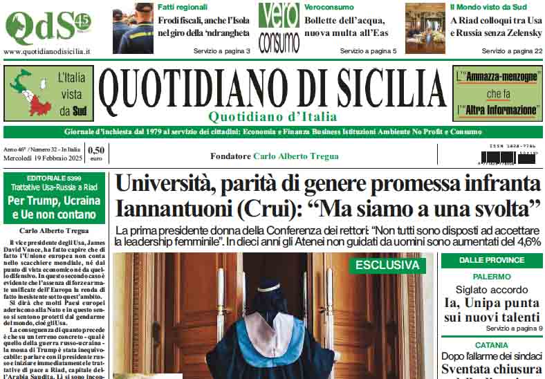 La prima pagina di oggi del Quotidiano di Sicilia