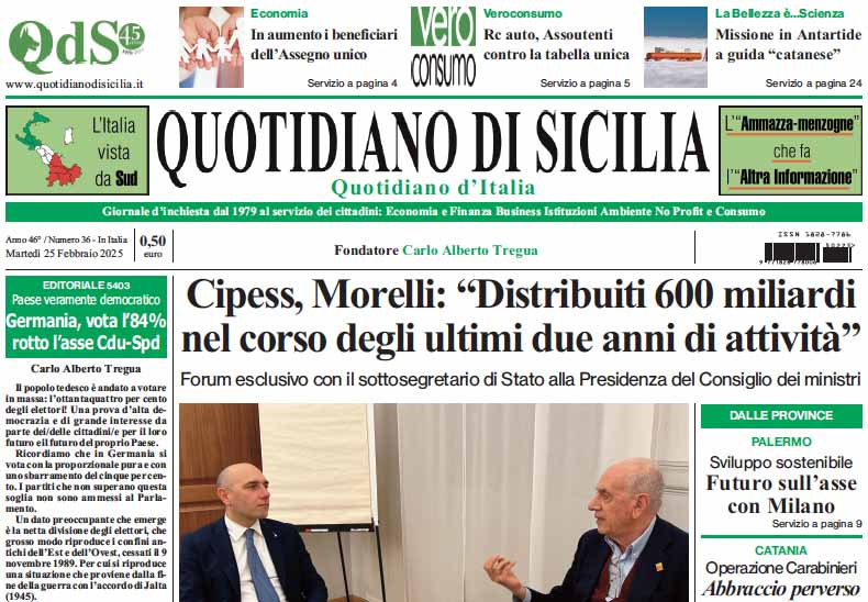 La prima pagina di oggi del Quotidiano di Sicilia