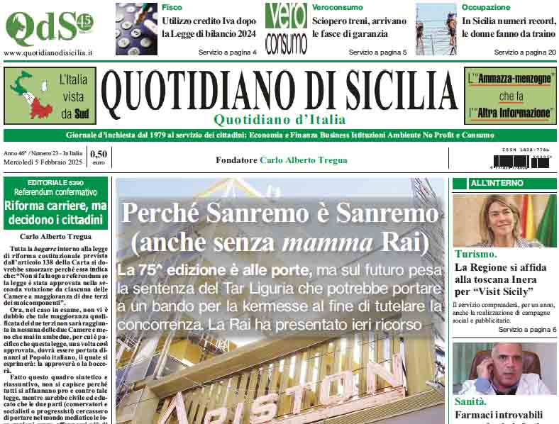 La prima pagina di oggi del Quotidiano di Sicilia