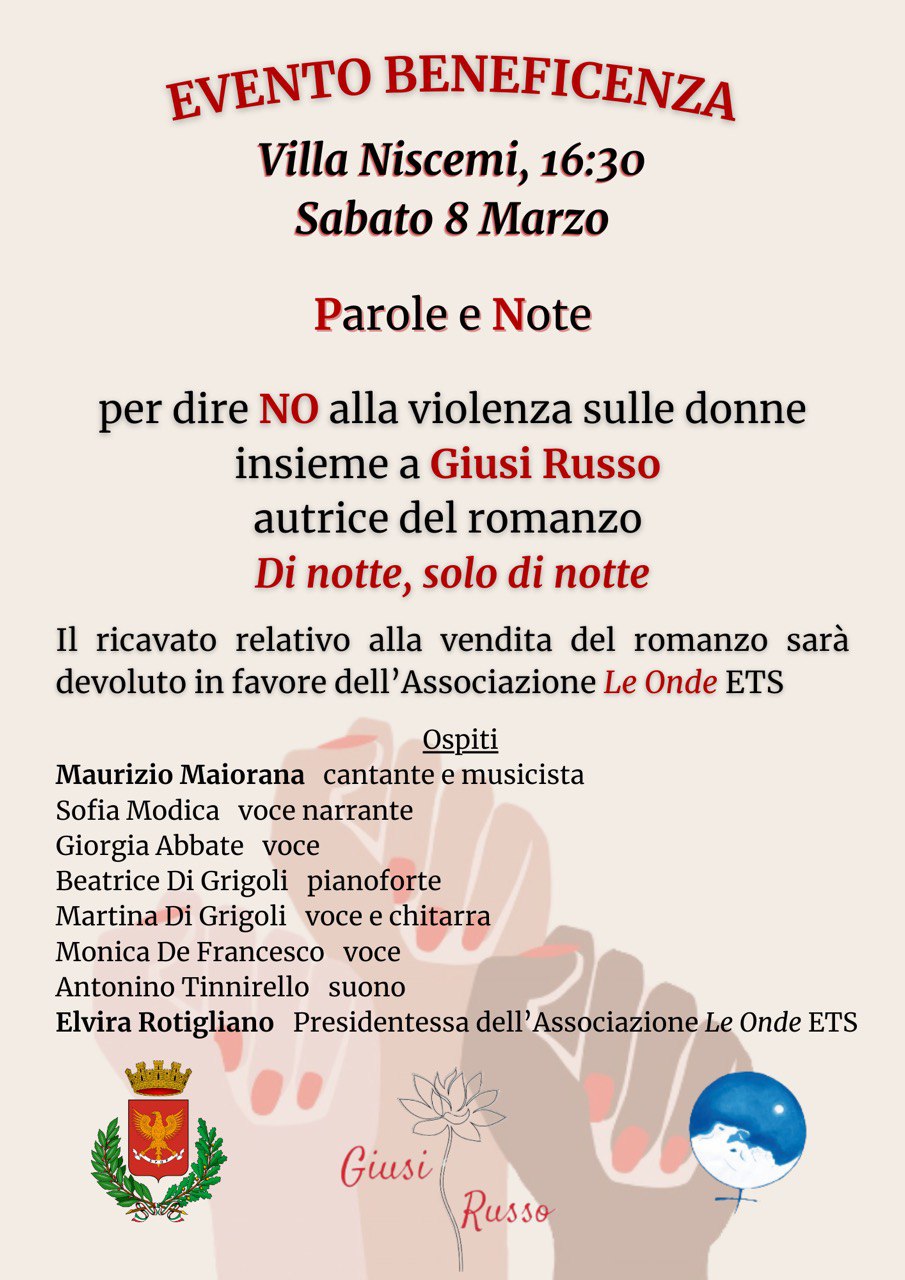 “Parole e Note” l’8 marzo a Villa Niscemi. A Le Onde il ricavato vendita romanzo contro la violenza di genere