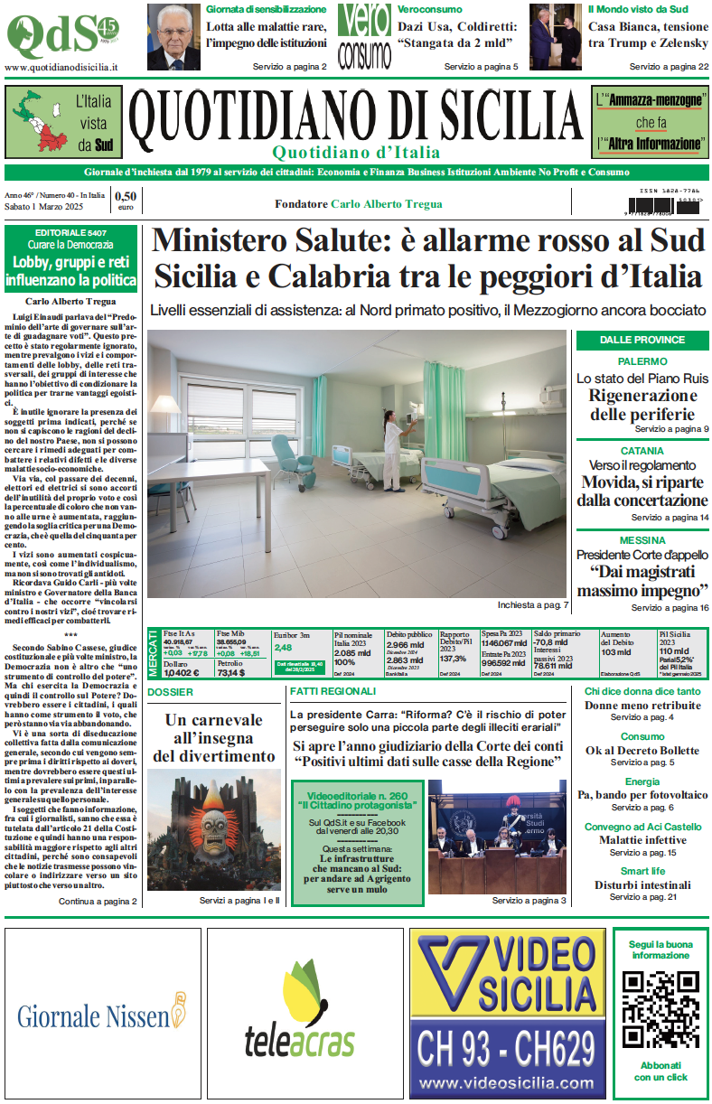 La prima pagina di oggi del Quotidiano di Sicilia