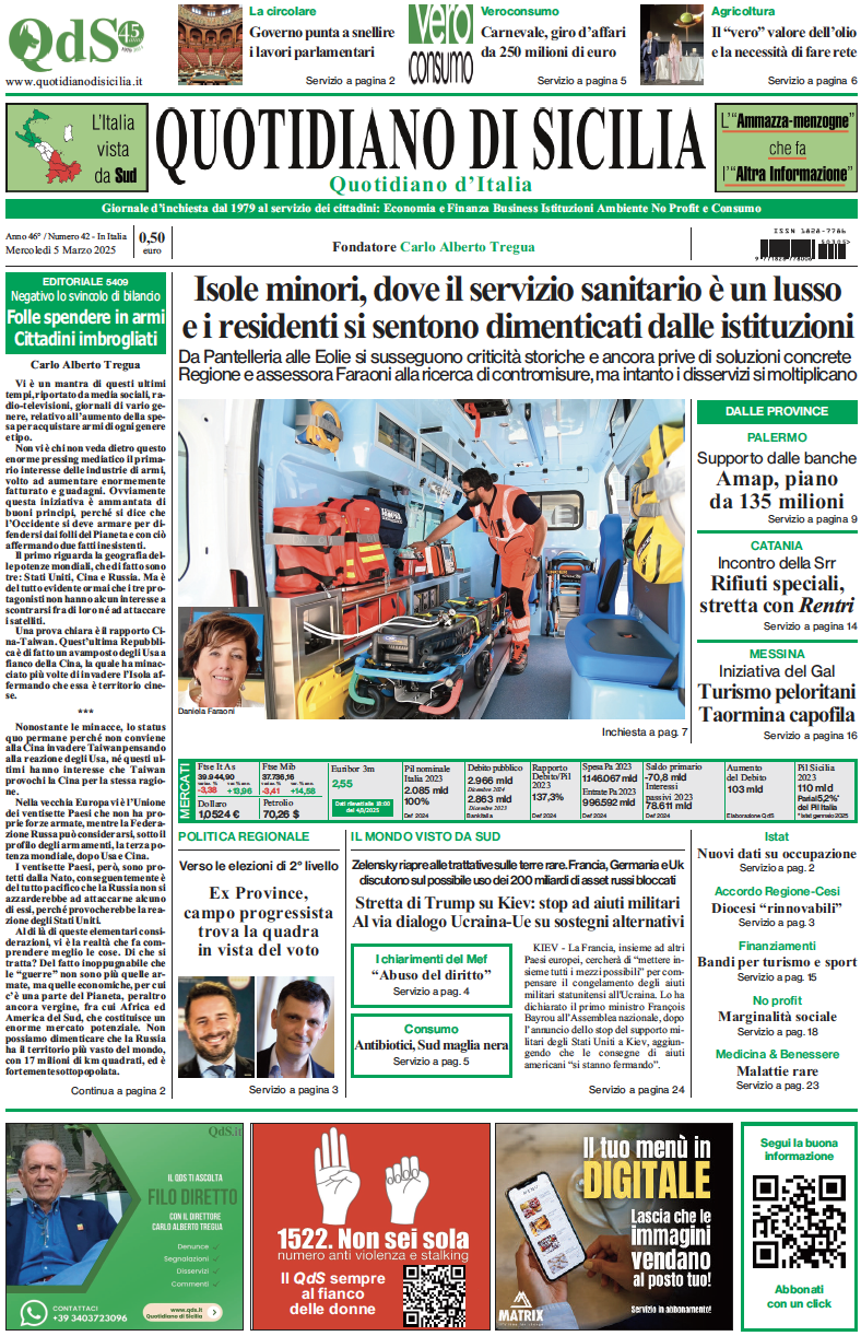 La prima pagina di oggi del Quotidiano di Sicilia