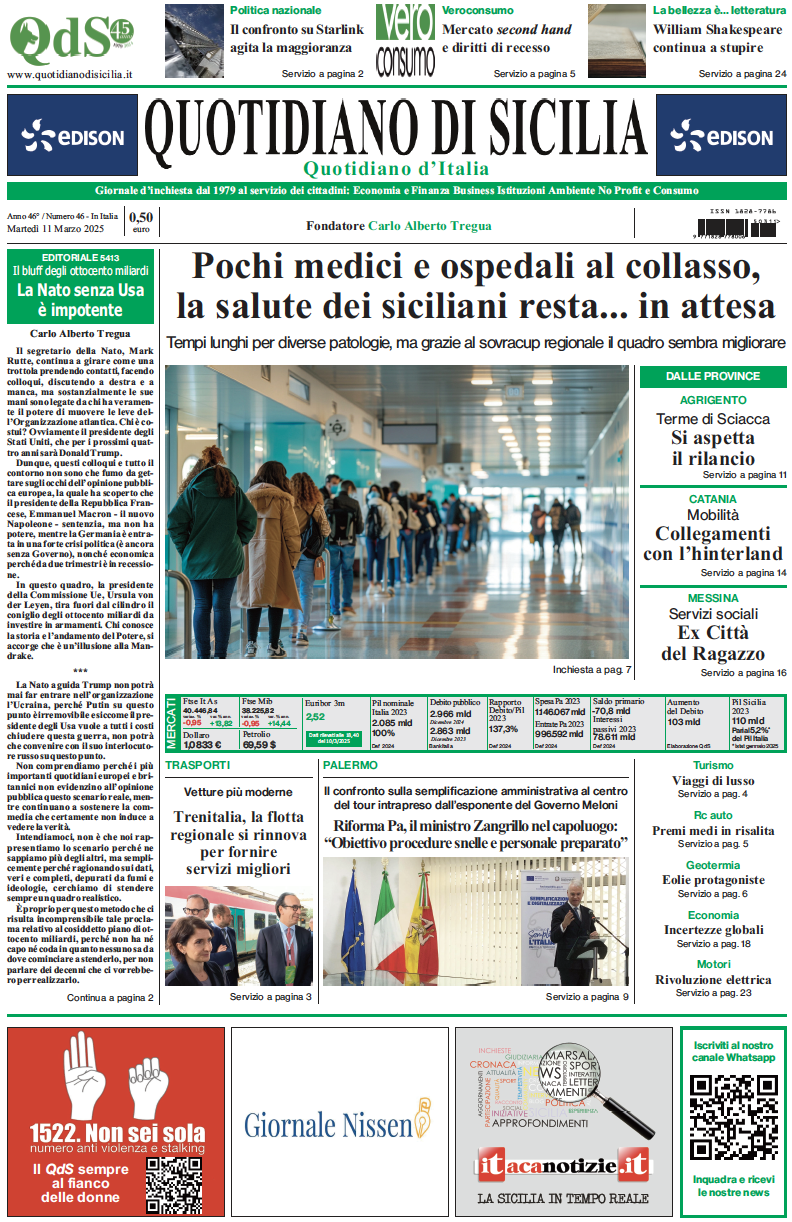 La prima pagina di oggi del Quotidiano di Sicilia