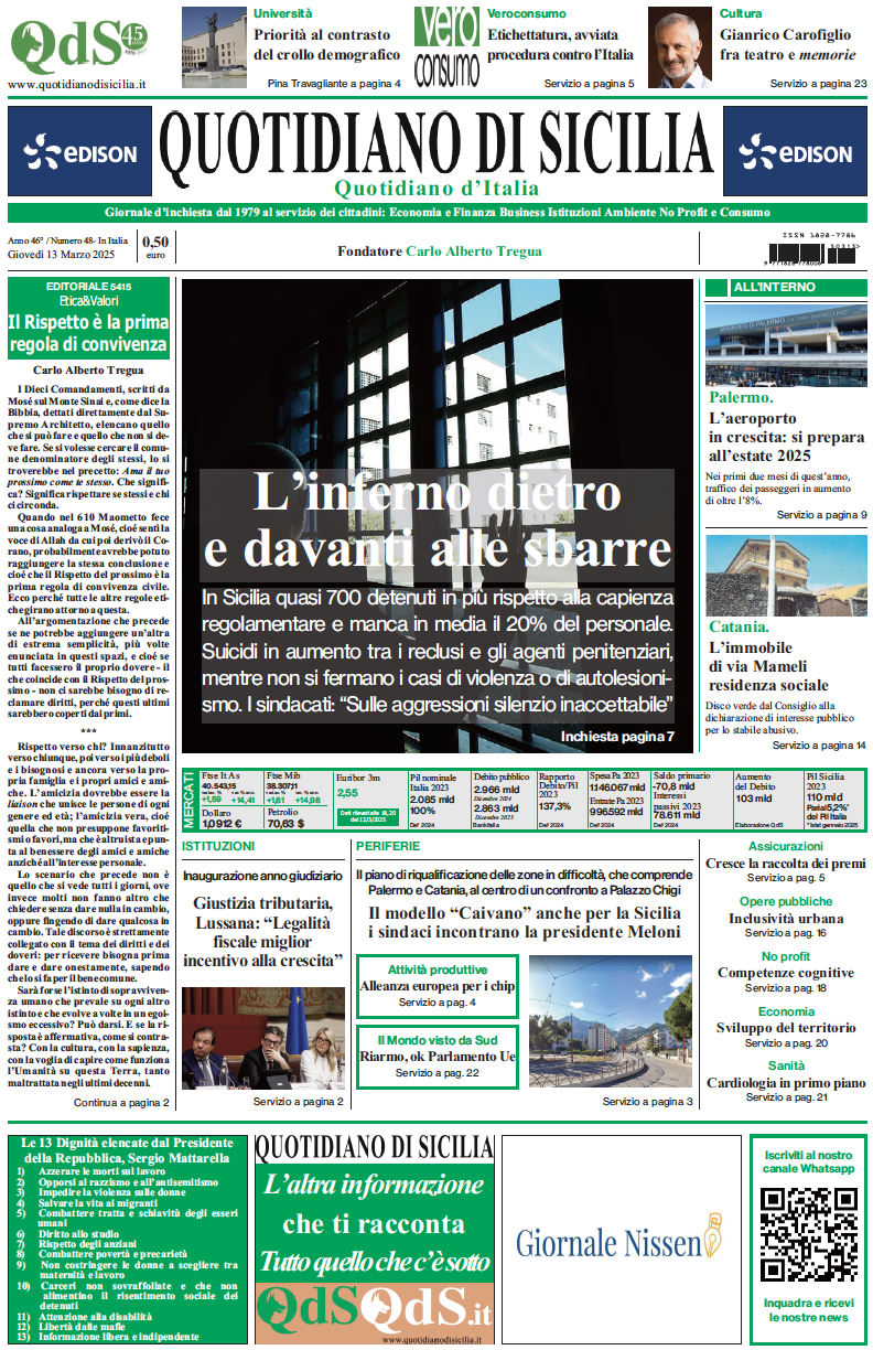 La prima pagina di oggi del Quotidiano di Sicilia
