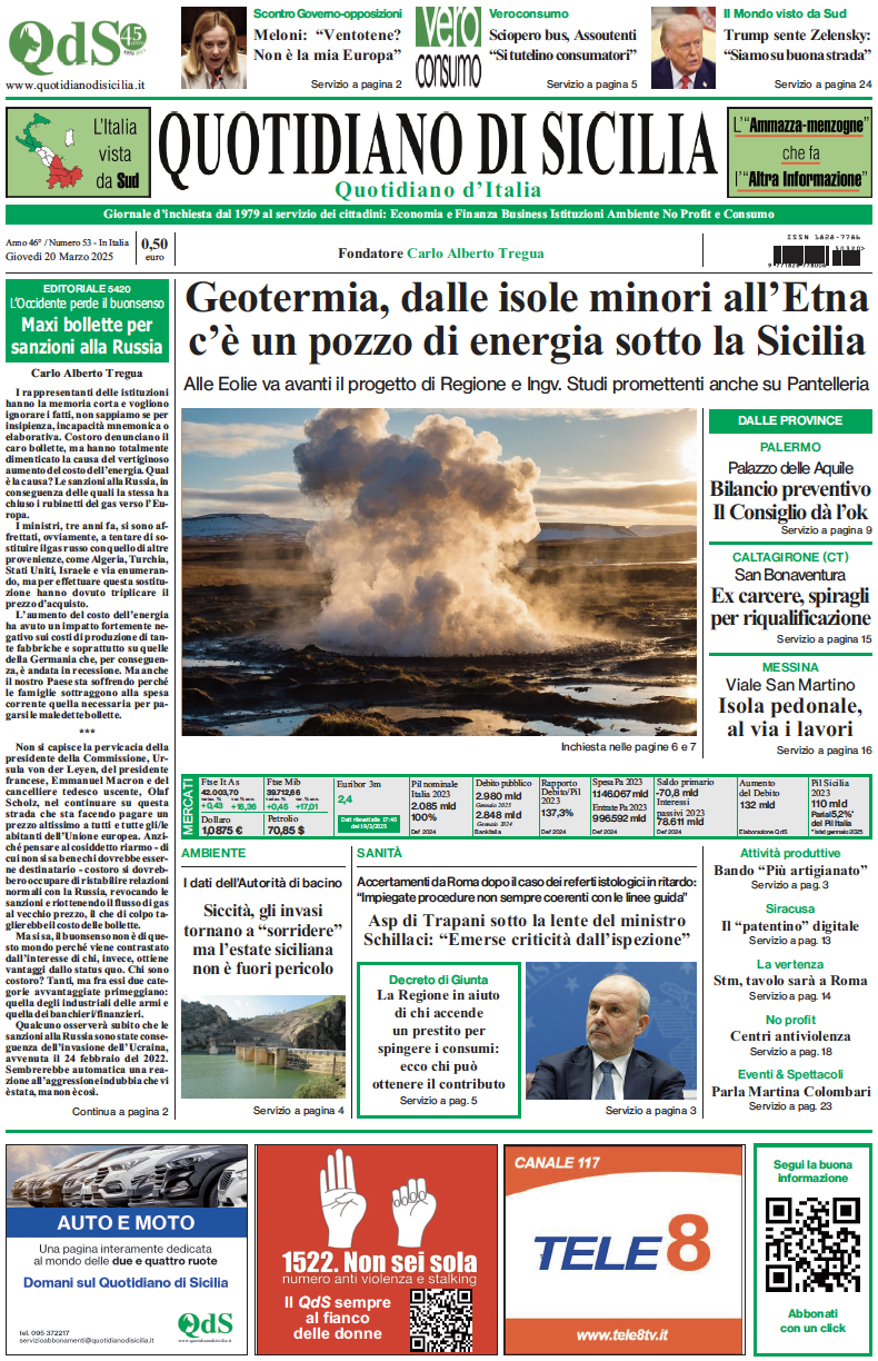 La prima pagina di oggi del Quotidiano di Sicilia