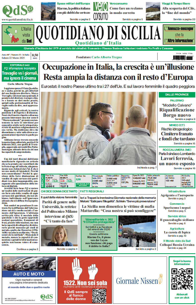La prima pagina di oggi del Quotidiano di Sicilia
