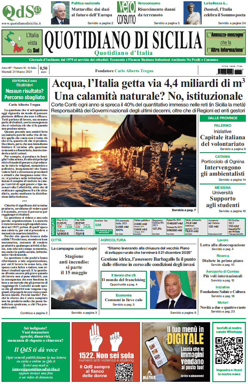 La prima pagina di oggi del Quotidiano di Sicilia