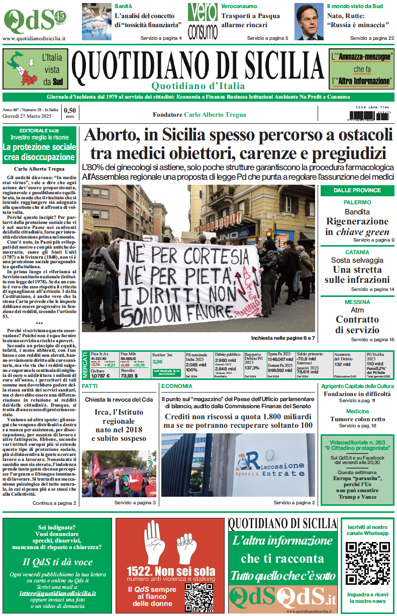 La prima pagina di oggi del Quotidiano di Sicilia