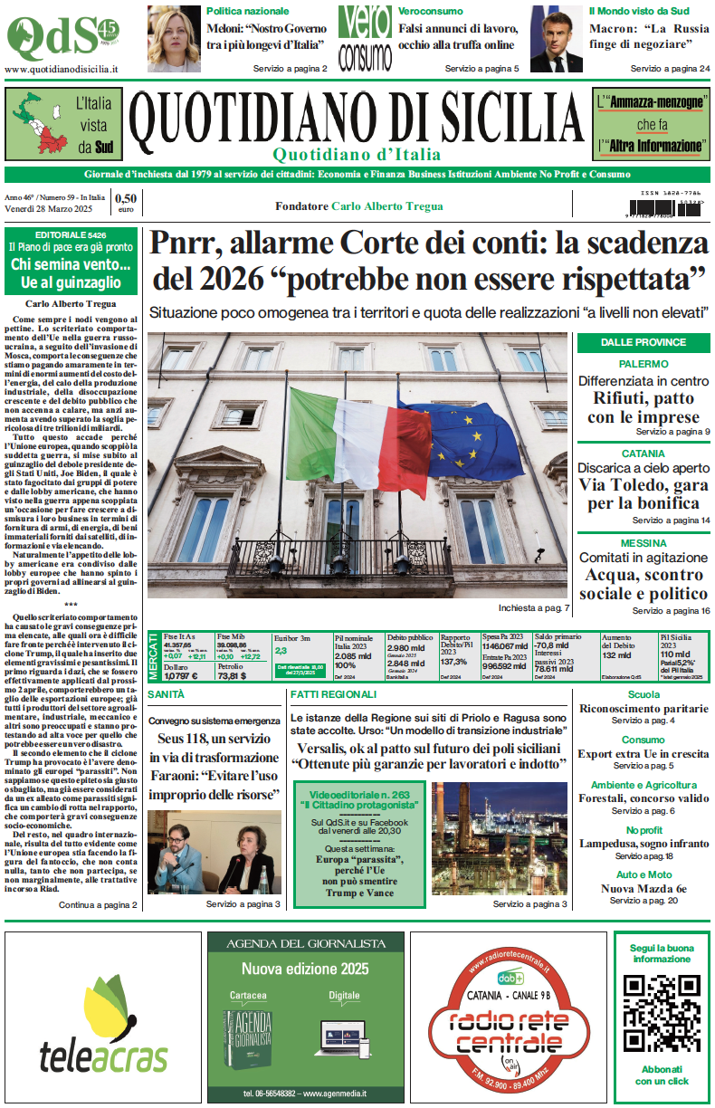 La prima pagina di oggi del Quotidiano di Sicilia
