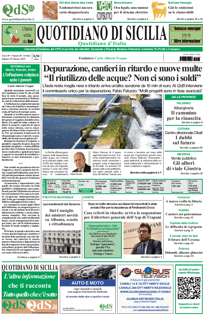 La prima pagina di oggi del Quotidiano di Sicilia