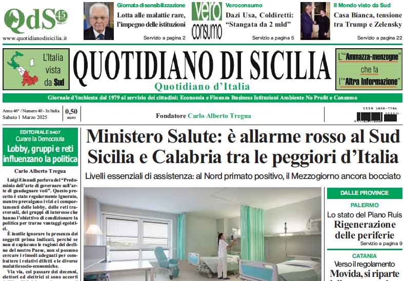La prima pagina di oggi del Quotidiano di Sicilia
