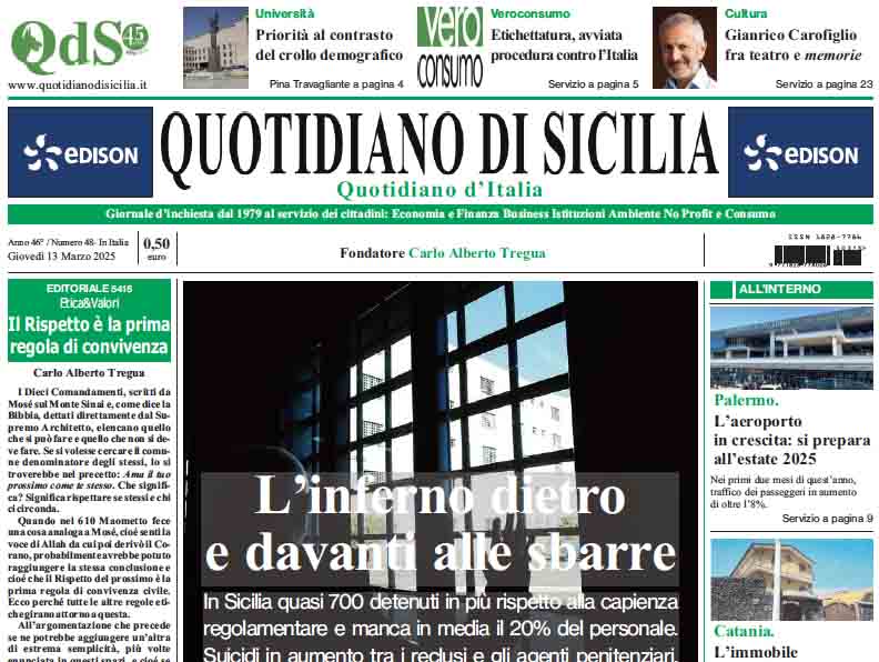 La prima pagina di oggi del Quotidiano di Sicilia
