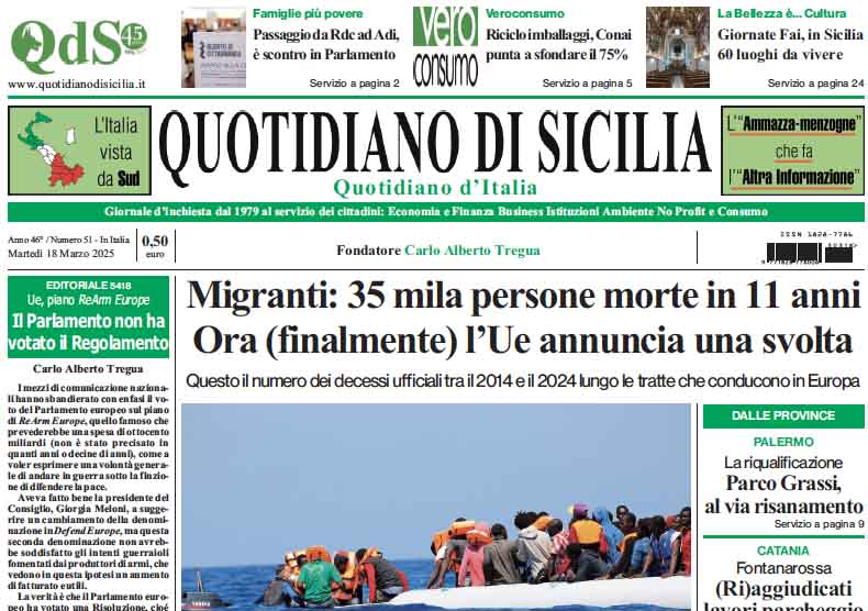 La prima pagina di oggi del Quotidiano di Sicilia