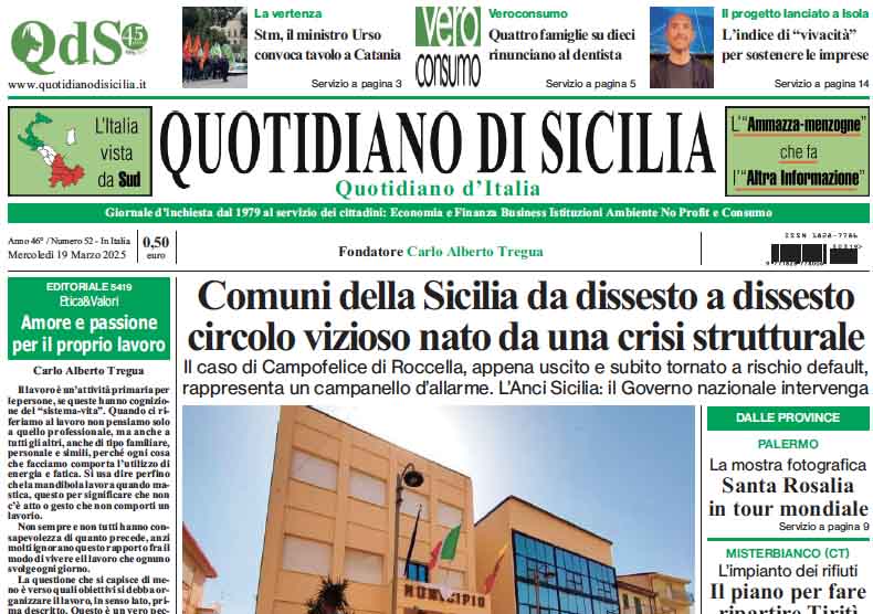 La prima pagina di oggi del Quotidiano di Sicilia