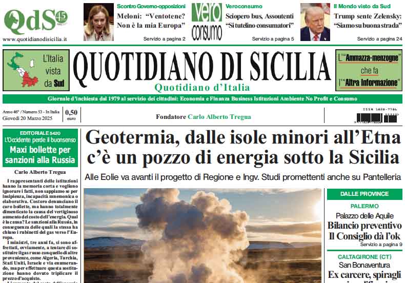 La prima pagina di oggi del Quotidiano di Sicilia