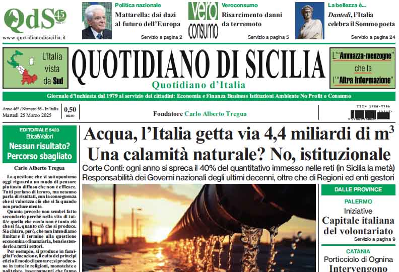 La prima pagina di oggi del Quotidiano di Sicilia