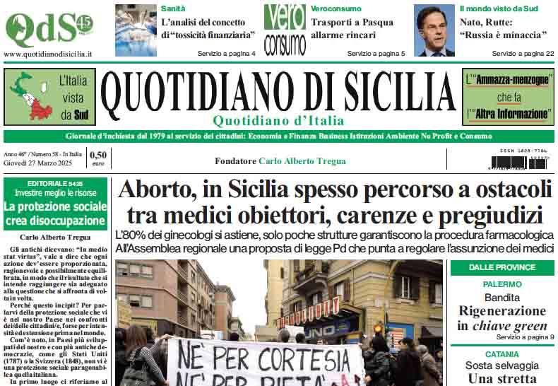 La prima pagina di oggi del Quotidiano di Sicilia