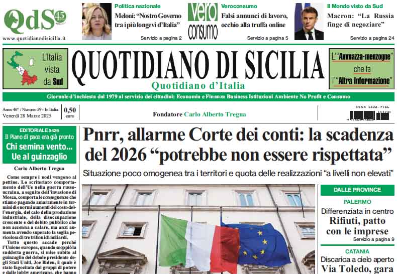 La prima pagina di oggi del Quotidiano di Sicilia