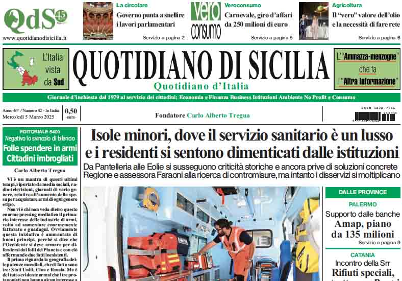 La prima pagina di oggi del Quotidiano di Sicilia