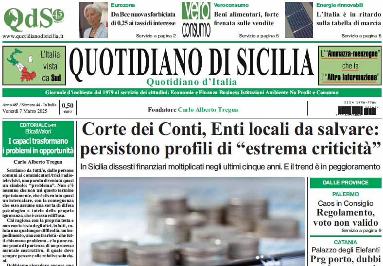 La prima pagina di oggi del Quotidiano di Sicilia