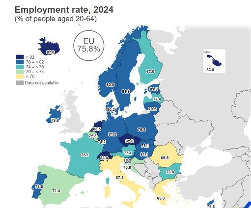 Record occupati Ue in 2024 (76%), in Italia il dato più basso (67%) Record occupati Ue in 2024 (76%), in Italia il dato più basso (67%)