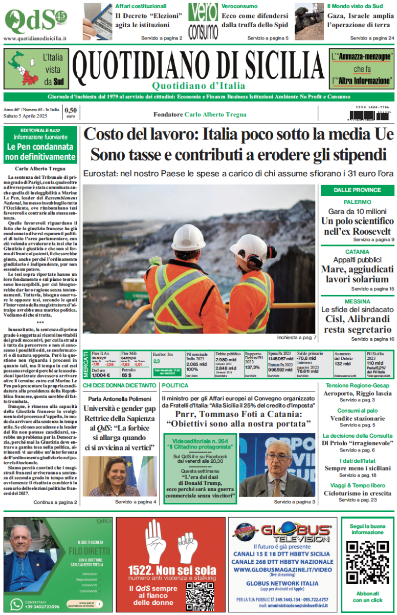 La prima pagina di oggi del Quotidiano di Sicilia