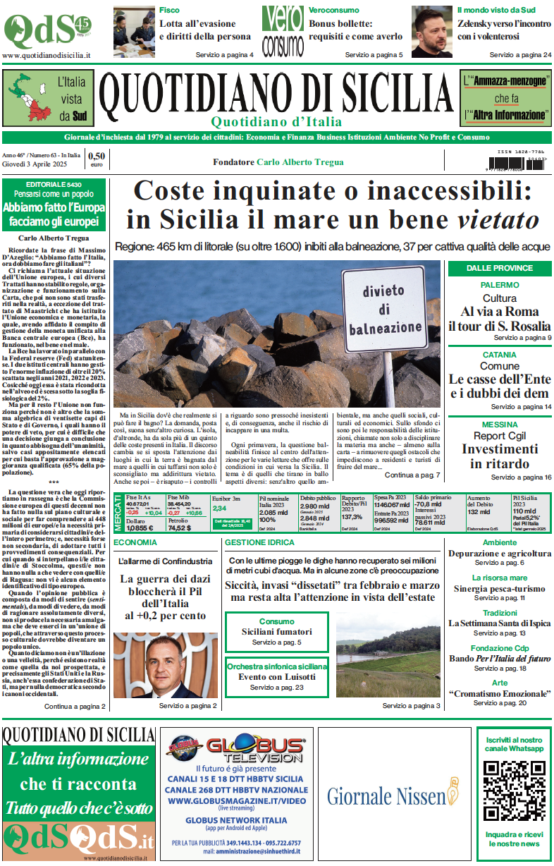 La prima pagina di oggi del Quotidiano di Sicilia