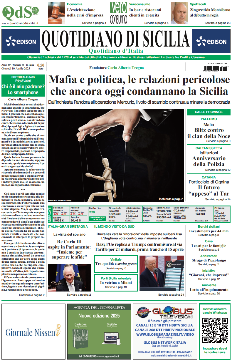 La prima pagina di oggi del Quotidiano di Sicilia