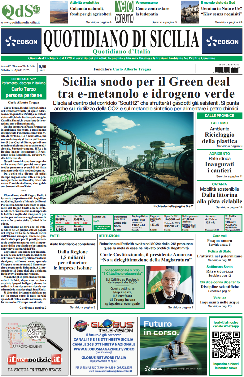 La prima pagina di oggi del Quotidiano di Sicilia