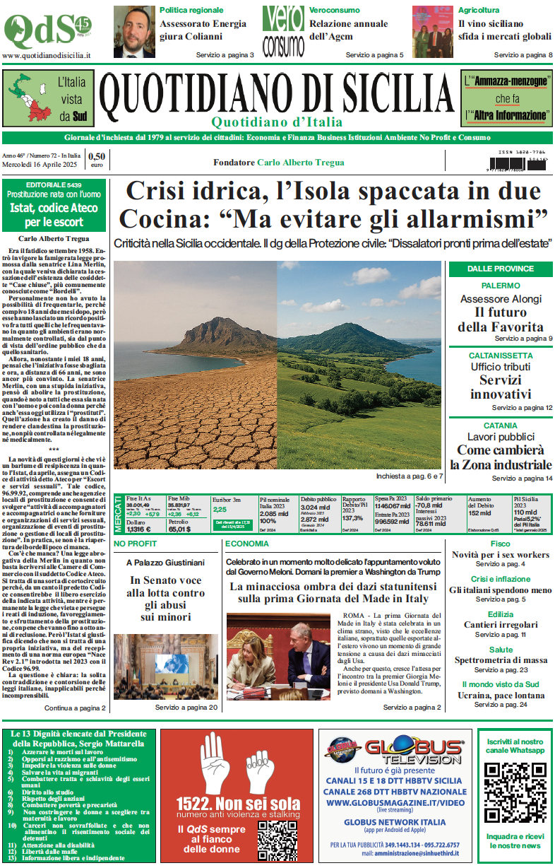 La prima pagina di oggi del Quotidiano di Sicilia