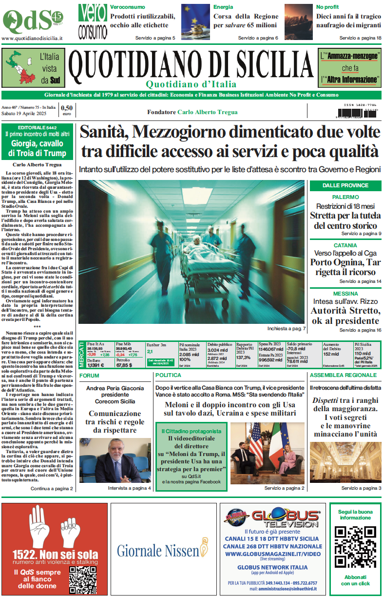 La prima pagina di oggi del Quotidiano di Sicilia