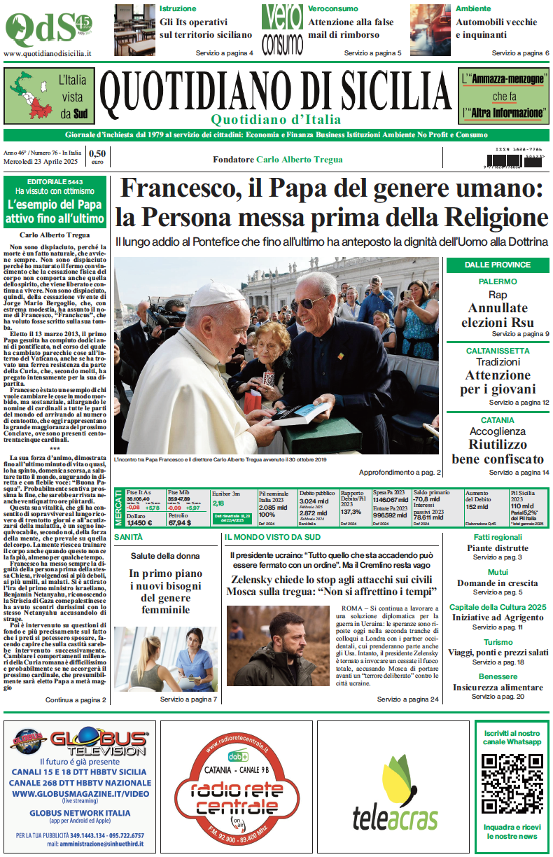 La prima pagina di oggi del Quotidiano di Sicilia