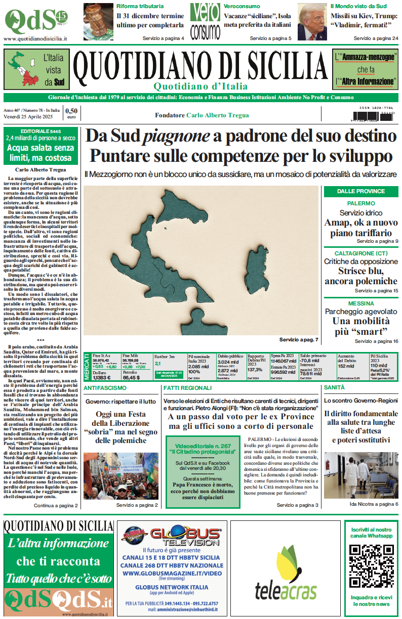 La prima pagina di oggi del Quotidiano di Sicilia
