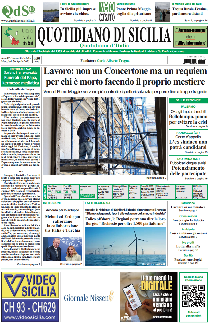 La prima pagina di oggi del Quotidiano di Sicilia