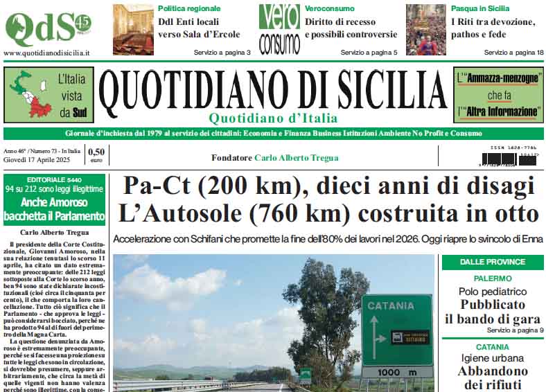 La prima pagina di oggi del Quotidiano di Sicilia